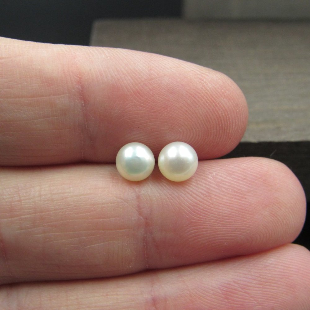 Sterling Silver Tiny White Pearl Stud Earrings - Picture 2 of 7
